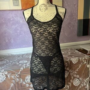 Victoria’s Secret Elegant Black Lace Chemise with Floral Design and thong panty